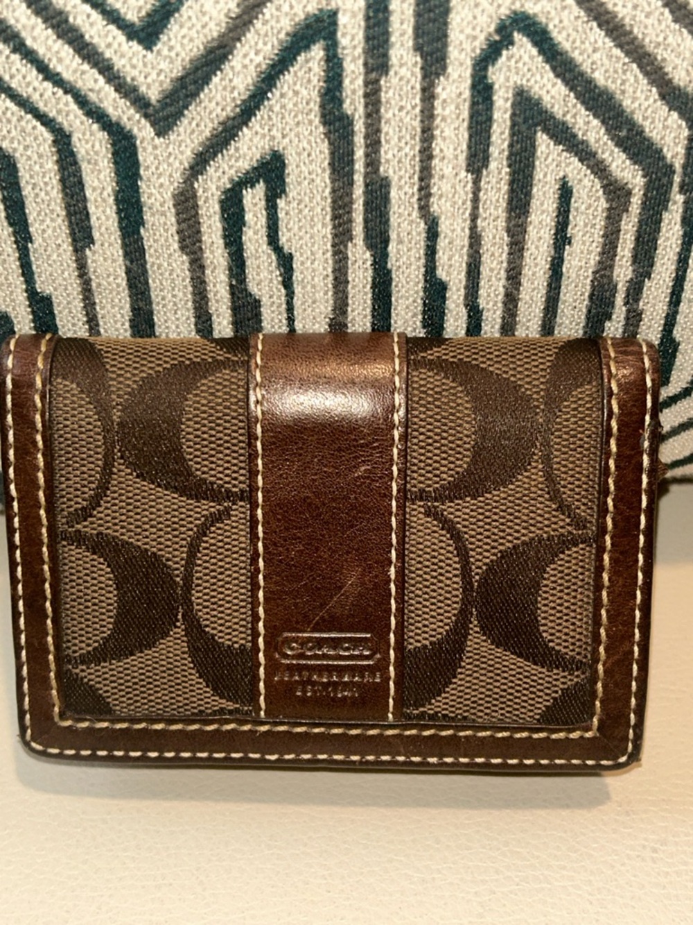 Coach Vintage Brown Signature Canvas Card Case with Leather Trim
